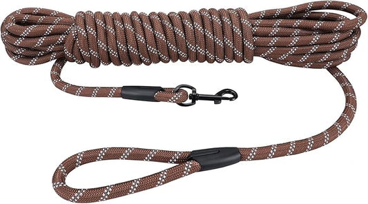 Long Dog Leash for Training 30Ft-Reflective Nylon Rope with Swivel Hook-Recall Agility Lead for Large Small Medium Dogs Outside Walking Hiking-Brown Diam 1/2"