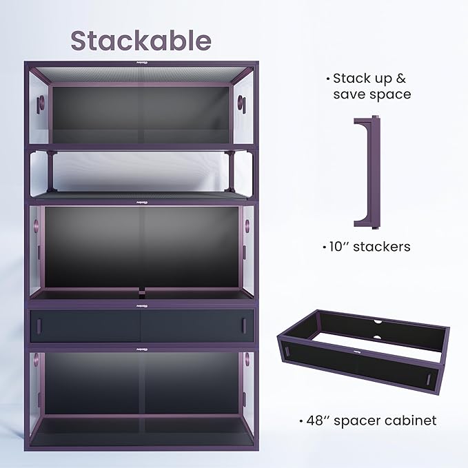 Phailozoo Stackable Reptile Enclosure, 85 Gallon Reptile Tank for Bearded Dragon, Snake, Ball Python, Colorful Aluminum Frame & Front Opening Tempered Glass Door with Handles for Easy Maintenance