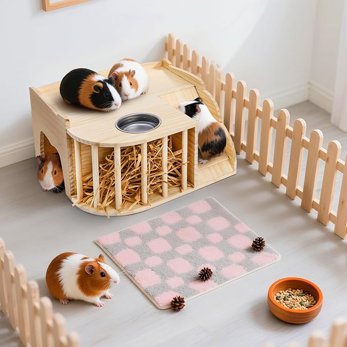 Coloch Wooden Guinea Pig Castle with Hay Feeder, Large Chinchilla Hideout with Feeding Bowl&Ladder Multi-Chamber Guinea Pig House for Guinea Pigs, Chinchillas, Hedgehogs