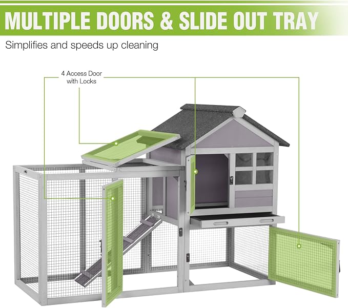 GUTINNEEN 51.6" Large Rabbit Hutch with Chew-Proof Ramp, Small Chicken Coop with Run for Outdoor, Indoor Bunny Cage Guinea Pig House with Leak-Proof Tray (Grey)