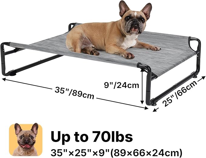 Veehoo 35" Medium Raised Dog Bed, Washable Dog Cot with Headrest Sides, Outdoor Elevated Dog Bed with Non-Skid Feet, Breathable Mesh, Portable Pet Hammock for Indoor or Camping, Black Silver