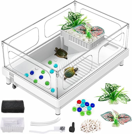 GOZILLA Small Turtle Tank Starter Kit, Acrylic Turtle Aquarium with Multi-Functional Areas for Turtles, Crabs, Crayfish, Small Reptiles. (White Tank)