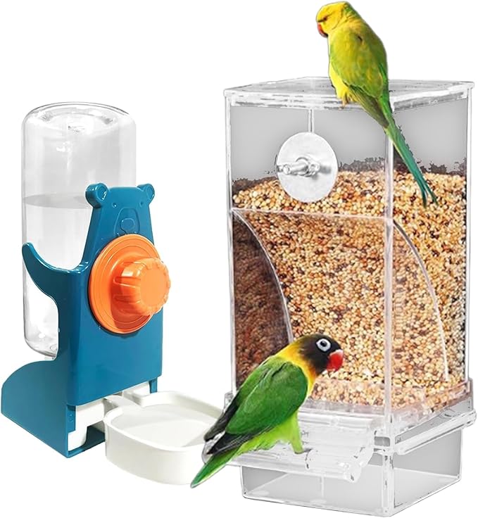 Clear View Bird Feeder and Water Dispenser Set with Detachable Trays for Finches, Parrots ABS Construction 2PC Large Capacity Treat Dispenser