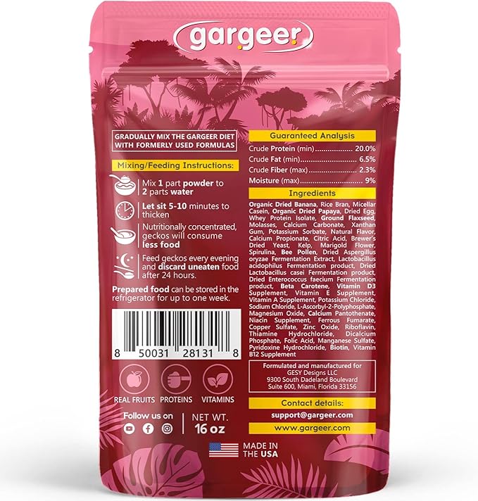 Gargeer 16oz Complete Crested Gecko Food Diet. Premium Ingredients Mix, Ready to Use Freshly Made Powder. Unique Superfood Formula, Developed & Made in The USA. Enjoy!