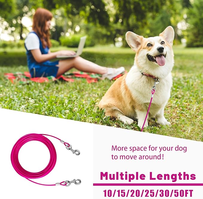 Dog Tie Out Cable 10/15/20/25/30/50 FT Runner for Yard Steel Wire Cable Pink Dog Chains for Outside Dogs Lead for Large Dogs Up to 165 lbs