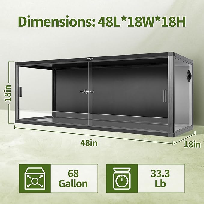 Wacool Terra 68 Gallon Reptile Tank, Large Terrarium for Bearded Dragons, Snakes, Leopard Geckos, Sliding Door & Top Ventilation, 48" x 18" x 18" Easy-to-Maintain Reptile Enclosure