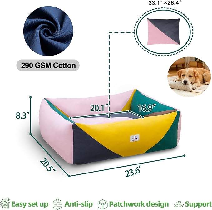 290 GSM Cotton Canvas Dog Couch Bed, Washable Removable Cover, Tough Bolster with Supportive Chopped Foam, Anti-Slip Bottom (Small)