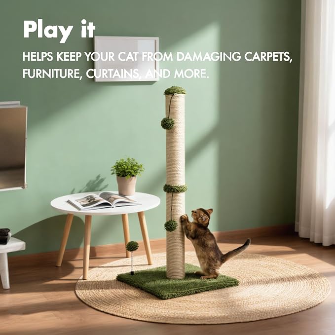 MECOOL 34“ Tall Cat Scratching Post Premium Basics Kitten Scratcher Sisal Scratch Posts Trees with Hanging Ball for Indoor Cats (34 inches for Adult Cats, Cactus Green) - Image 3