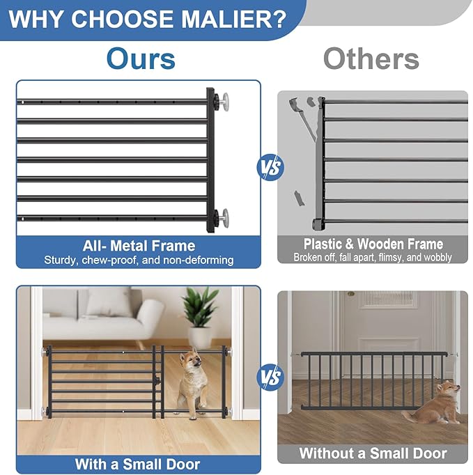 Malier Indoor Dog Gate with Door, 34-55" Extra Wide Full Metal Pet Gate Short Dog Gate for Stairs, Pressure Mount 10'' Tall Small Puppy Low Gate Easy Step Over for Doorways