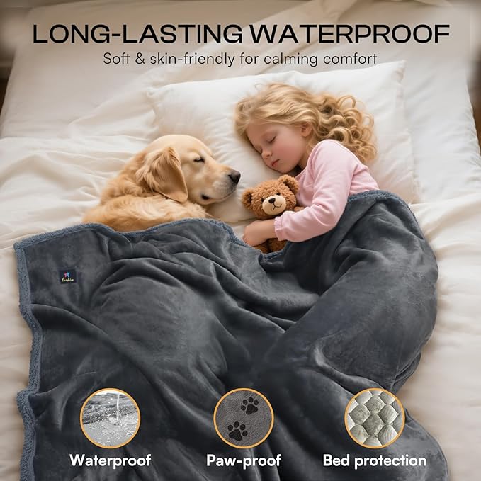Luciphia Waterproof Bed Blanket Washable, Soft Sherpa Fleece Puppy Reversible Throw Blankets for Medium Large Dog Cat, Furniture Cover Protector Couch Bed from Liquid Pee and Pet Fur, Grey,85" x 57"