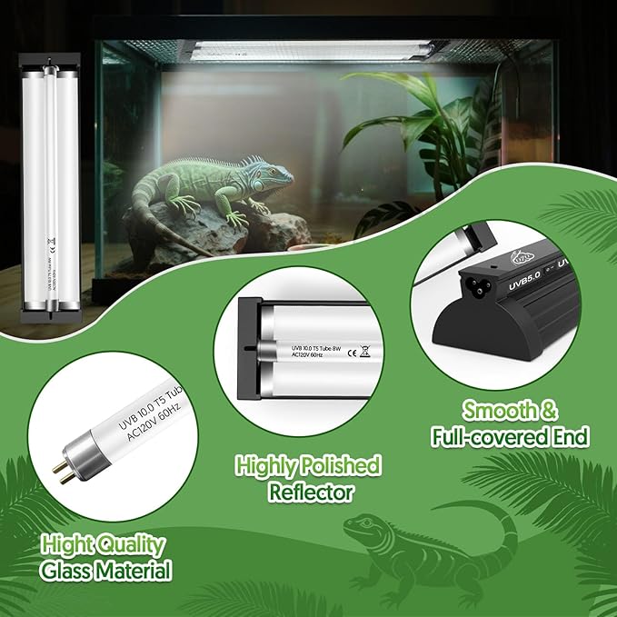 QZQ T5 UVB Reptile Light Fixture Combo Kit 8W, UVB Light for Reptiles with Switchable 5.0 & 10.0 UVB Output, Terrarium Hood Lamp for Bearded Dragon, Snake, Gecko, Tortoise, Lizard