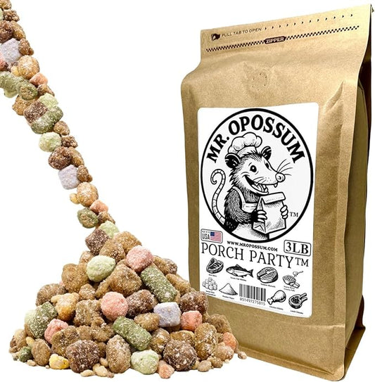 Porch Party Mix™ Raccoon and Opossum Food Wildlife Treat Blend for Backyard Feeding with Marshmallows Beef Chicken Lamb Ocean Fish and Peanut Butter Puffs (3 lb Pouch)