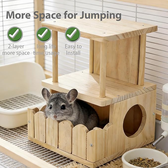 Chinchilla Hideout Wooden Hides for Guinea Pigs, Small Animal Nature Wood House Chinchilla Cage Accessories for Hamster, Squirrel, Sugar Gliders etc (2-Layer)
