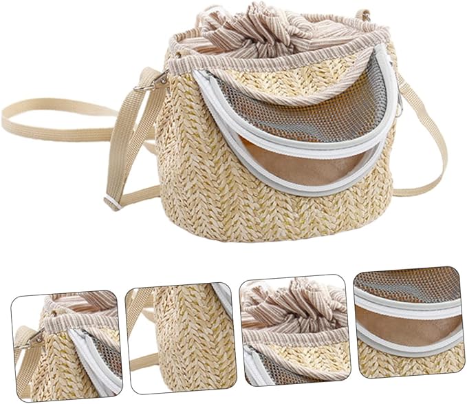 Pets Go Out Backpack for Small Animals Breathable Hamster Carrier with Ventilated Gauze Stylish Straw-Woven Design for Comfortable Travel and Outdoor Adventures