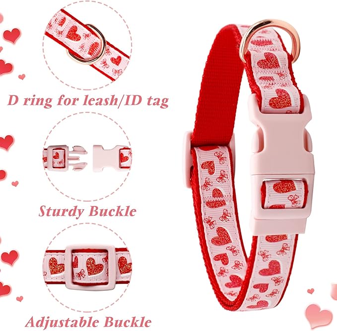 azuza Valentine's Day Dog Collar and Leash Set, Adjustable Pink Dog Collar with Glittery Pink Heart Pattern Matching Leash Valentines Day Gift for Small Dogs