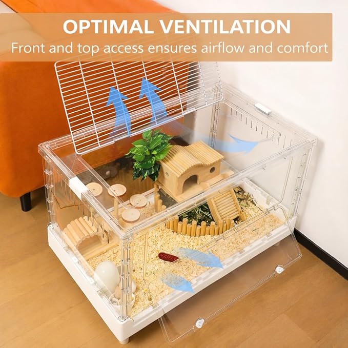 Extra Tall Foldable Clear Hamster Cage with Front Door, Deep Base Habitat for Thick Bedding & Burrowing, Easy Clean Wire Mesh Top Ventilation, Escape Proof Enclosure, 27.5x17x16 in