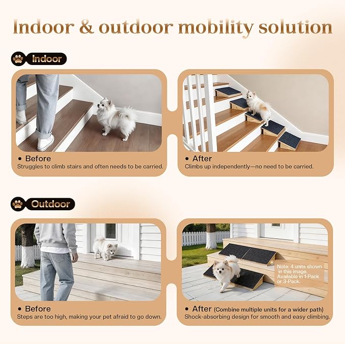 Adjustable Dog Ramp for Stairs with 3 Heights, Anti-Slip Small Dog Ramp for Indoor & Outdoor, Solid Wood Pet Steps for Small/Senior/Injured Dogs, Gentle Slop Ramp for Stairs with Carpet Surface