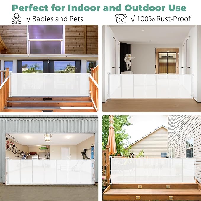 Reinforced 195 Inch Extra Wide Retractable Baby Gate Extra Long Dog Gate with Support Rods – Prevent Crawling Under, 16 Feet Mesh Baby Gate Retractable Gate Outdoor/Indoor Retractable Pet Gate, White