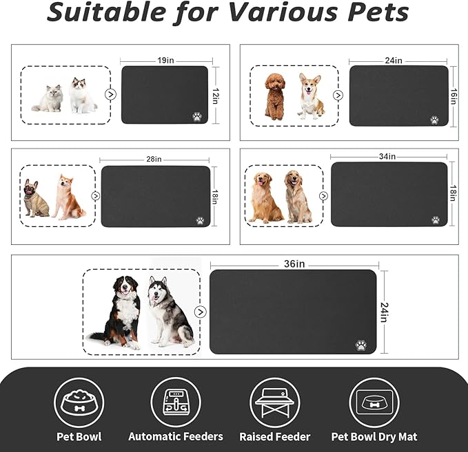HotLive Dog Food Mat - Absorbent Cat Mat for Food and Water, No Stains Pet Feeding Bowl Mat, Easy to Clean Pet Placemats, Quick Dry Dog Water Dispenser Mat for Messy Drinkers | Paw Black 18"x 28"