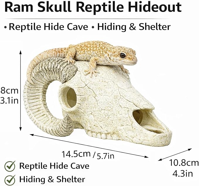 Reptile Hide Cave Decoration, Ram Skull Style Resin Shelter for Gecko, Lizard, Snake and Amphibian, Natural Habitat Decor for Small Reptiles
