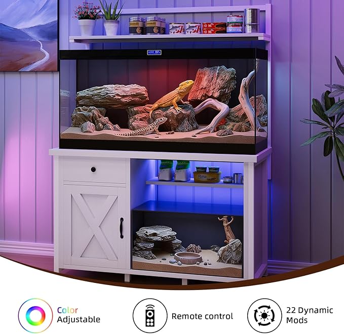 Reptile Tank Stand with Power Outlet, Terrarium Stand with Storage Cabinet, 49" X 20" Tabletop, Aquarium Stand with LED Lights, Reptile Terrarium,Turtle Tank, 1100LBS, White