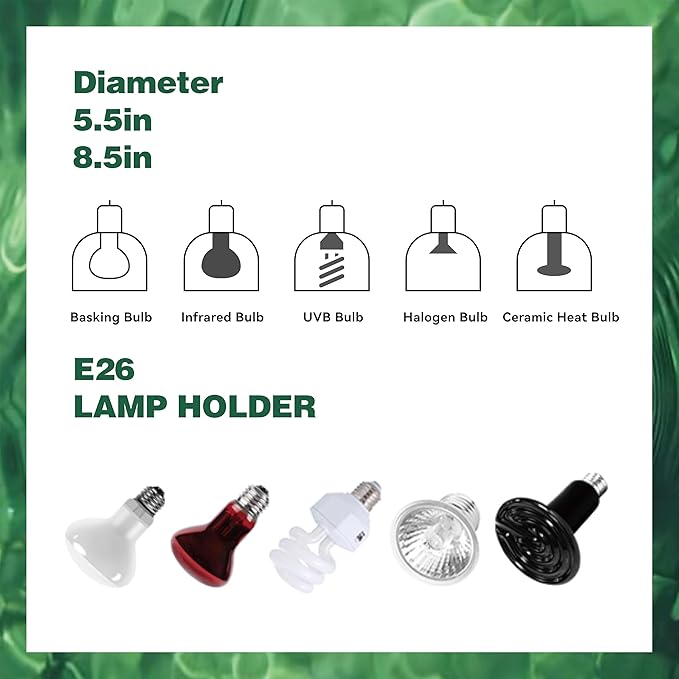 Reptile Light Fixture 5.5 Inch Deep Dome Lampshade, Reptile Heat Lamp Fixture with Separate Switches Fit for UVB Bulb Basking Heat Bulb for Reptile Glass Terrariums