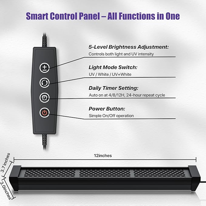 12" Aluminum UVB 10.0 LED Reptile Light Bar with Timer & Dimmer, Ultra-Slim Metal UVB/UVA Lamp for Terrariums – Even Light Output, Long Lifespan, Ideal for Bearded Dragons, Turtles & Lizards