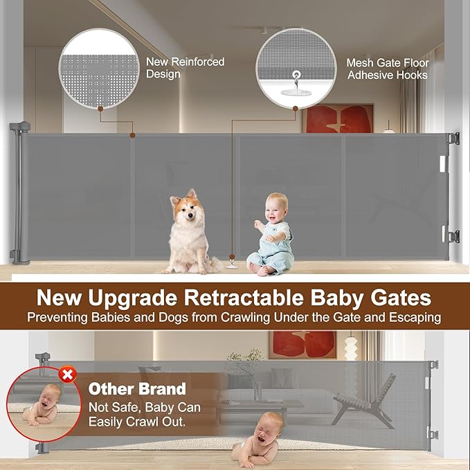 Miumoon 200 inch Retractable Baby Gates 42 inch Tall, Retractable Gate with Reinforced Strip Design to Prevent Crawling Through, 16 FT Outdoor Retractable Gates, Extra Wide Retractable Gate for Garage