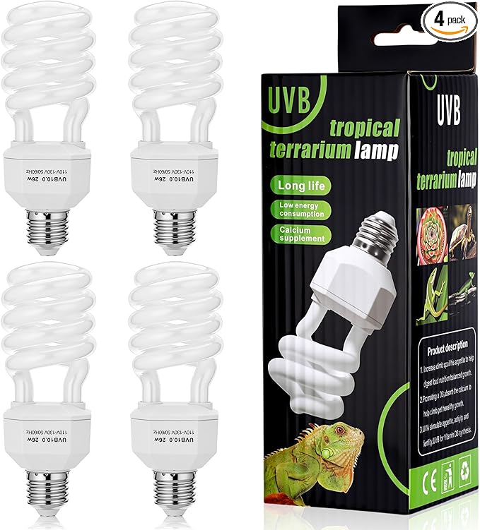 4 Pack UVB Reptile Light Bulb 10.0 Bulb for Desert Reptiles UVB Light Compact Fluorescent Terrarium Lamp for Bearded Dragon, Lizard, Tortoise, Iguanas, Snake, Gecko(26w,Light10.0)