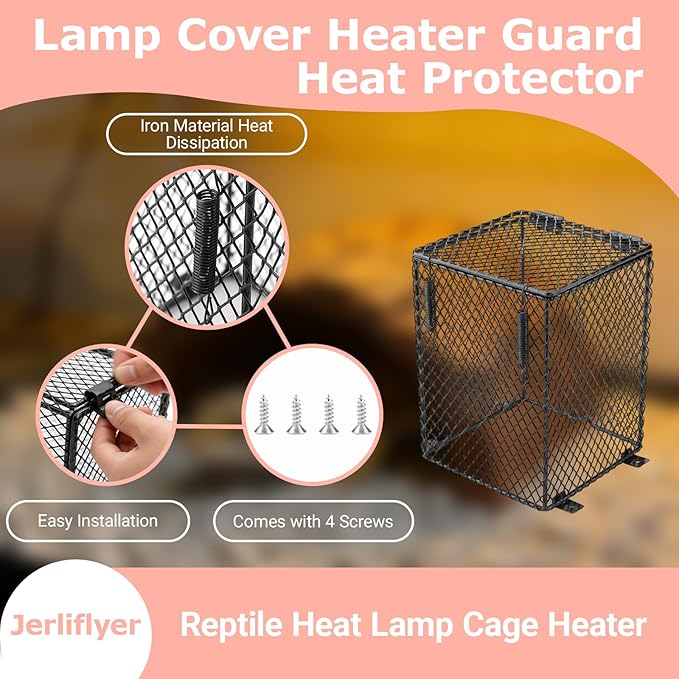 Jerliflyer Reptile Lamp Cover, Heater Guard Heat Protector Anti Scald Cover Mesh Cage Heating Lampshade Ceramic Light Bulb Enclosure for Terrarium Chameleon Lizards Snakes (Square)