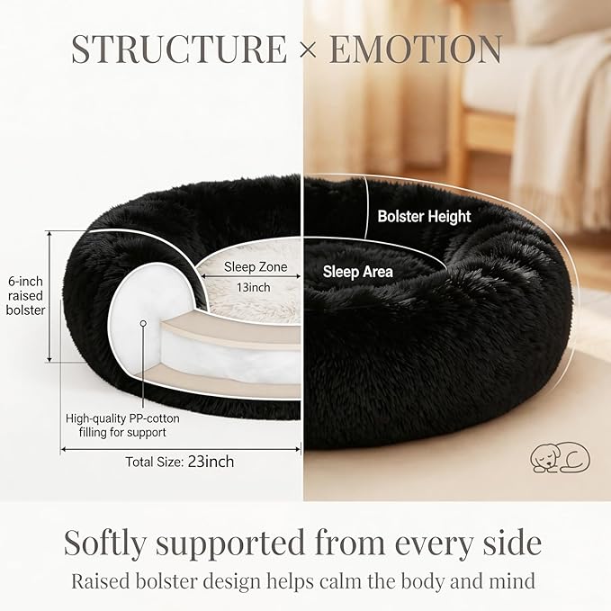 Calming Donut Dogs Beds for Small Dogs Washable,23inch Plush Round Pet Bed for Cozy Sleep,Fluffy Faux Fur Large Cat Bed,Fits up to 25 lbs Pets,Black