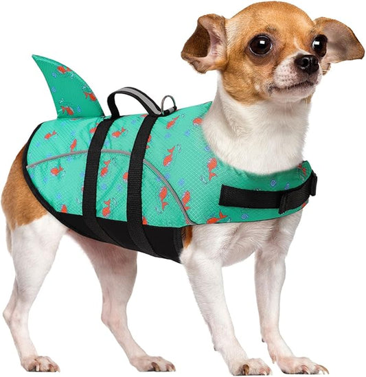 Queenmore Medium Dog Life Jacket, Dog Life Vest for Swimming with Shark Fin, Ripstop Dog Lifevests for Boating with Handle/Leash Hook, Pet Safety Water Vest for French Bulldogs Dachshunds