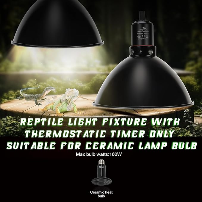 MECESOR Reptile Light Fixture with Thermostatic Timer, 8.5 Inch Deep Dome Lamp Cap Reptile Heat Lamp Fixture with Separate Switches, Terrariums Light Fixture for Ceramic Heating Lamp Bulb