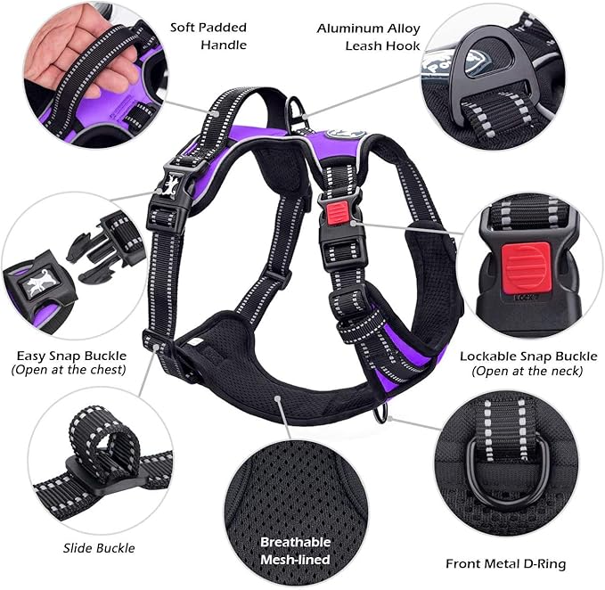 PoyPet No Pull Dog Harness, No Choke Front Clip Dog Reflective Harness, Adjustable Soft Padded Pet Vest with Easy Control Handle for Small to Large Dogs(Purple,M)
