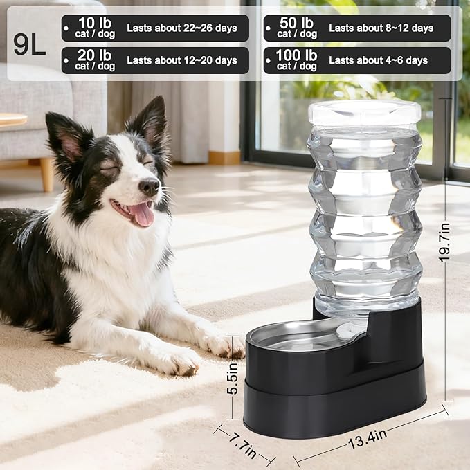 RIZZARI 9L Dog Water Dispenser: Ion Exchange System with Activated Carbon -Helps Prevent Urinary Stones-Extends Lifespan -Eliminates Odors-Softens Water -Black Stainless Steel Automatic Gravity Feeder