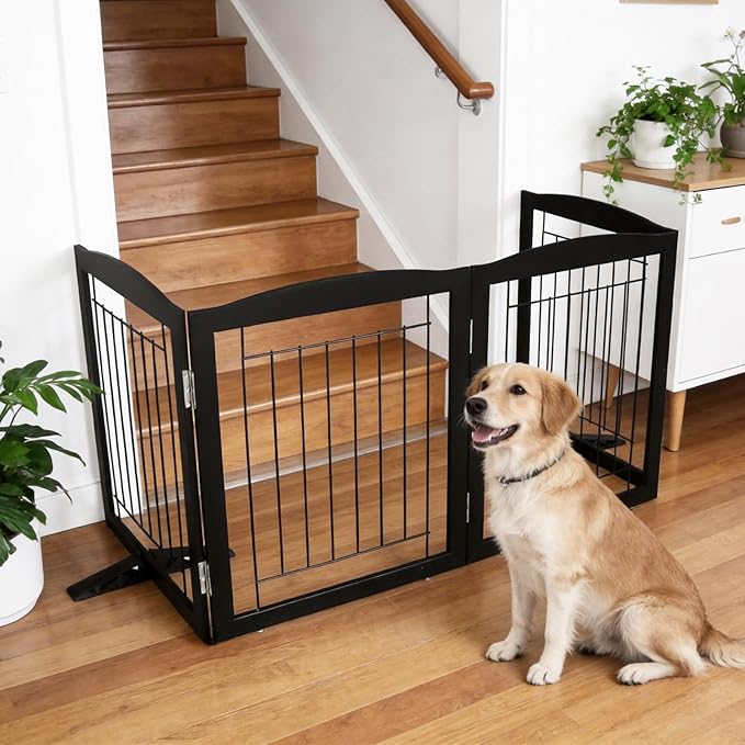 ZJSF Freestanding Dog Fence Indoor, Foldable Dog Gate for Doorways, Stairs or Hallways, Sturdy Wood Extra Wide Pet Gate with Support Feet for The House, Black, 32 "Height-2 Panels