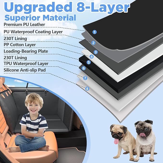 MYJAQI Back Seat Extender for Dogs, Hard Bottom Dog Car Seat Cover for Truck Back Seat, Dog Hammock for Car, Upgraded PU Leather Material, Larger Space, Holds 400lbs