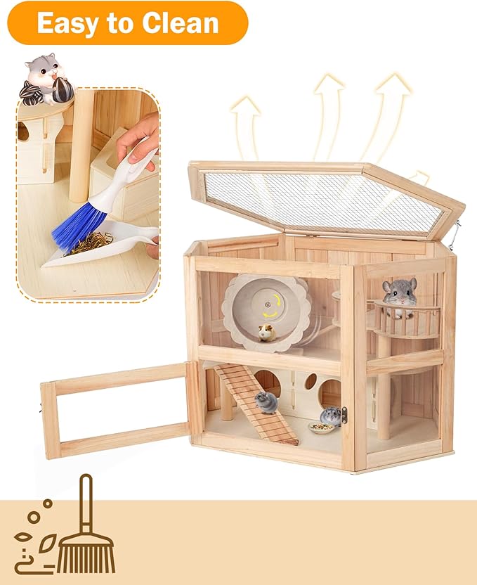 5 in 1 Wooden Hamster Cage|3 Tier Small Animal Cage with Silent Exercise Running Wheel|Large Syrian Hamster House with Openable Top&Acrylic Sheets|Chinchilla Guinea Pig Cages