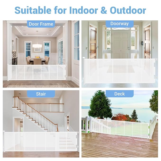 HAMOPY 120 Inch Reinforced Strip Extra Wide Retractable Baby Gate, 33" Tall, Prevent Crawling Through, Wide Extra Long Child Safety Gate for Indoor Baby Fence, Outdoor, Stairs, Deck(White)