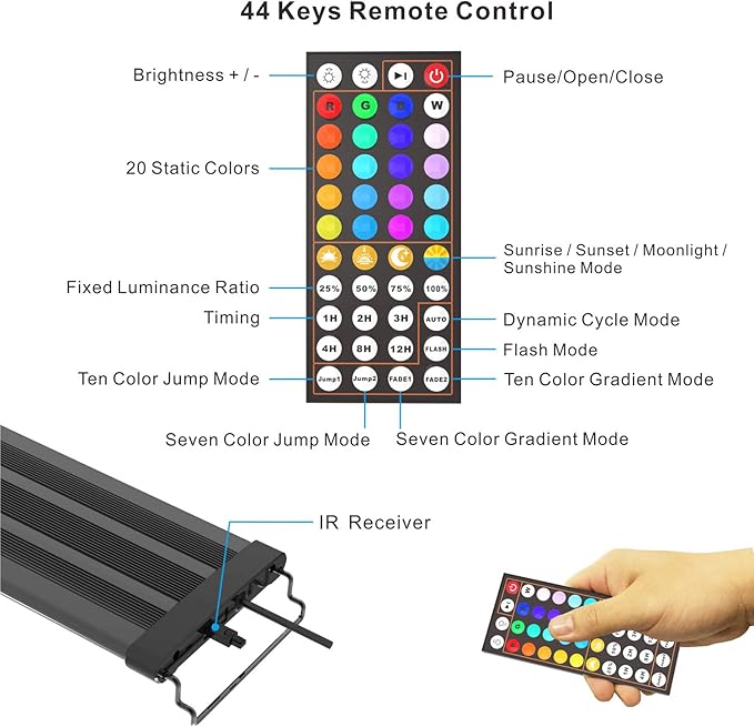 30-40 Inch RGB LED Aquarium Fish Tank Light with Timer 24/7 AUTO ON/Off All Day Mode 44 Keys Remote for Freshwater Saltwater, UL-Listed Adapter