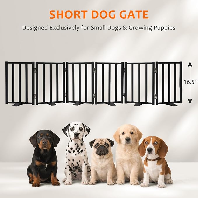 Snagle Paw Short Dog Gate,16.5" Tall Freestanding Metal Dog Gate Only for Small Dogs with Support Feet Easily Step Over,Up to 72" Wide Puppy Gate Indoor for Stairs,Doorways(Black,6 Panel)