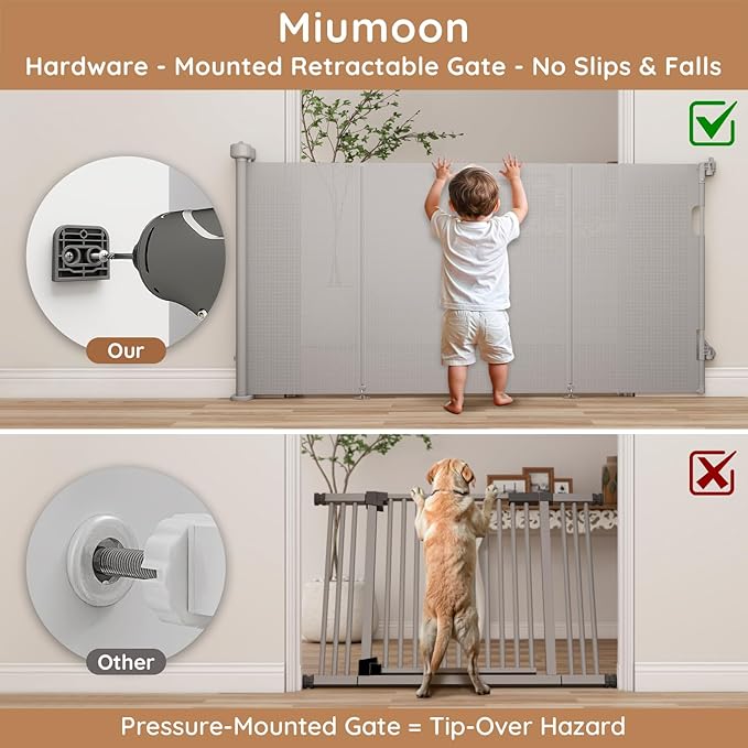 Miumoon One-Hand Operation Retractable Baby Gates, 71 inch Retractable Gate with Reinforced Strip Design to Prevent Crawling Through, 6 FT Retractable Dog Gate for Stairs, Doorways, Hallways