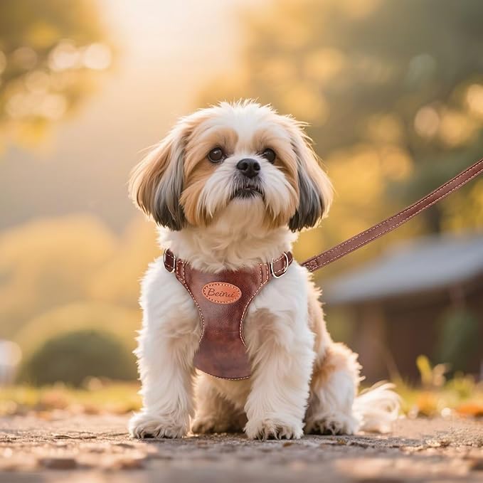 Beirui ‌Stylish PU Leather Dog Harness‌ and Leash Set for Small Dogs, ‌Adjustable Step in Puppy Harness with Breathable Mesh Lining and Durable Metal Buckle for Walking Traveling(Brown,XS)