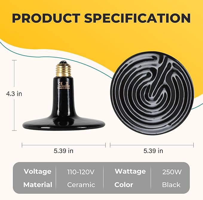 250W Reptile Heat Lamp Bulbs 2-Pack, Ceramic Heat Emitters for Bearded Dragon Gecko Lizard Turtle Snake, Night Basking Heat Lamp for Amphibian Chicken Pets E26