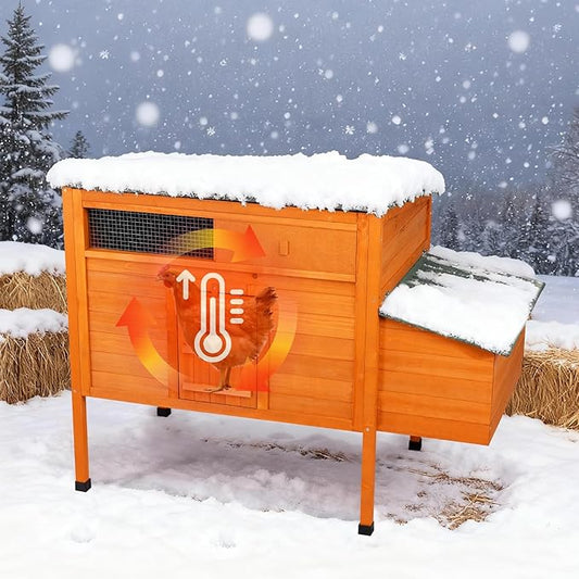 FunXplore Outdoor Insulated Chicken Coop Weatherproof Wooden Hen House Small Animal Pet Hutch with Elevated Legs Asphalt Roof Removable PVC Layer Nest Box