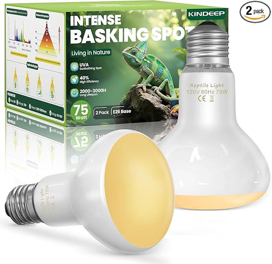 KINDEEP Reptile Basking Light Bulb: 75W Reptile Heat Lamp 2 Pack UVA Daylight Basking Bulb for Amphibian Bearded Dragon Lizard Tortoise Turtle Snake Chicken Pets Heating