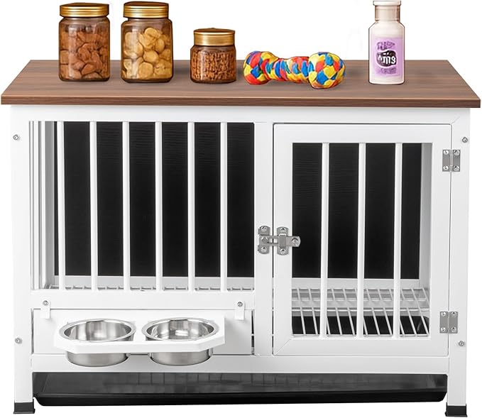 VINGLI Dog Crate Furniture, 32.5" Wooden Dog Kennel with 360° Swivel Feeder, Dog Cage Indoor for Small and Medium Dogs, Easy to Clean (Medium-32 inch White)