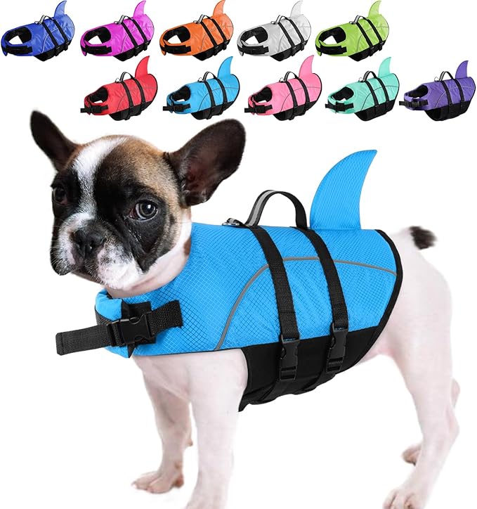 Queenmore Small Dog Life Jacket,Shark Dog Life Vest for Swimming,Puppy Light Life Preserver for Boating Kayaking Canoeing,Pet Lifesaver with High Buoyancy,Rescue Handle,Leash Hook (Peacock Blue,M)