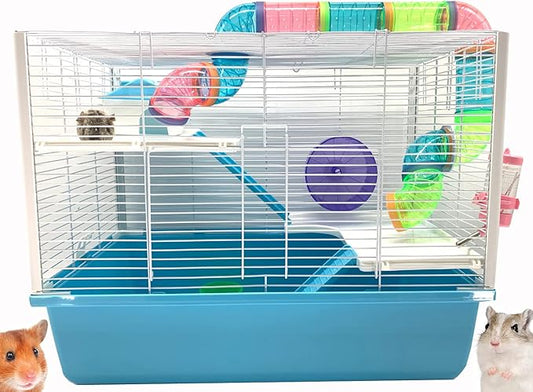 Extra Large 3-Levels Habitat Dwarf Hamster Mansion Mouse House for Rodent Gerbil Mice Rat with Crossover Tube Tunnel Expandable and Customizable with Exercise Running Wheel Food Bowl Water Bottle
