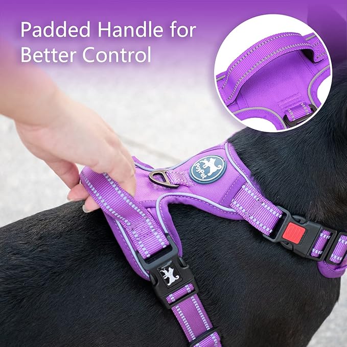 PoyPet No Pull Dog Harness, No Choke Reflective Dog Vest, Adjustable Pet Harnesses with Easy Control Padded Handle for Small Medium Large Dogs(Purple Matching Trim,S)